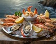 A seafood platter piled high with oysters, lobster tails, and jumbo shrimp, displayed on a bed of ice with lemon wedges and cocktail sauce