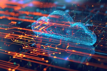 Poster - A blue cloud hovers above a circuit board, creating a unique juxtaposition of natural and technological elements, An abstract representation of a cloud server, AI Generated