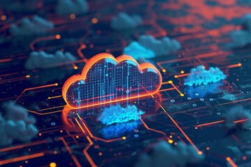 Poster - A cloud hovers amidst a complex network, symbolizing the integration of digital technology in modern infrastructure, An abstract representation of a cloud server, AI Generated