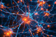 Human neurons, nervous system, neuron cells with glowing orange link knots on blue background. Scientific research concept.