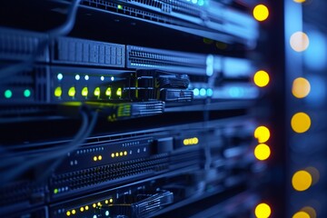 Poster - A detailed view of a server in a server room with blinking lights and cables, An abstract representation of NAS (Network Attached Storage) system, AI Generated