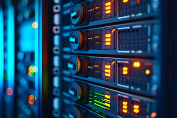 Poster - A collection of servers lined up in a computer server room, ready to process and store large amounts of data, An abstract representation of NAS (Network Attached Storage) system, AI Generated