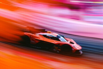 A red race car accelerates down the track, showcasing its power and speed, An abstract representation of the speed and adrenaline of sports car racing, AI Generated