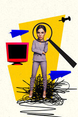 Poster - Vertical collage image picture businesswoman computer communication digital airplane correspondence drawing doodles internet