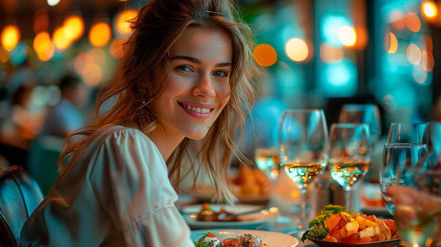 mujer de negocios disfrutando de una comida en el restaurante del hotel, ya sea sola o con colegas o clientes.