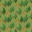Vector isometric seamless pattern of a fox in a forest