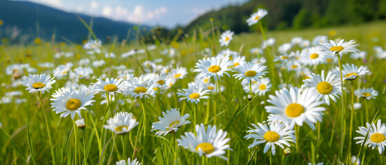 Poster - Banner with Lush Green Meadow with Daisies under a Sunny Blue Sky with Fluffy Clouds. Generative AI