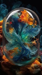 Poster - Mesmerizing dance of colorful smoke encapsulated within clear, oval-shaped glass. Vibrant hues of blue, green, yellow, red intertwine, swirl gracefully, creating ethereal atmosphere.