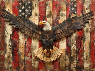 A visually striking portrayal of a bald eagle, wings spread wide in a display of power, superimposed over a distressed American flag that symbolizes endurance and history 