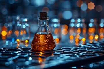 Poster - A luminous science-themed image featuring a flask with a molecular structure on a hexagonal pattern background