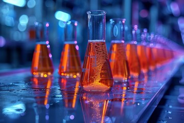 Poster - High-tech science laboratory flasks with glowing blue liquid inside, indicating chemical reactions