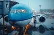 Close-up of a blue airplane's nose section docked at the gate on a rainy evening at the airport, reflecting runway lights
