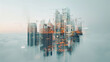 A city skyline is reflected in a foggy sky. The buildings are tall and the lights from the city are visible. The scene is serene and peaceful, as the fog creates a sense of calmness and tranquility
