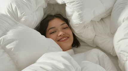 Wall Mural - A woman is laying in bed with a blanket over her head
