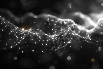 Poster - a visually striking depiction of dynamic light particles in a sinusoidal wave flow against a dark ba
