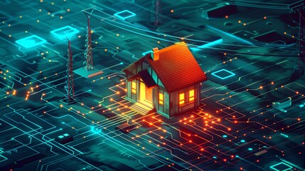 Poster - Digital Art of a Cozy Home Amidst Electronic Circuitry. A Fusion of Comfort and Technology. Ideal for Modern Decor. AI