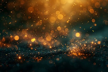 Poster - Golden sparkling dust particles float in a dark space with bokeh effect, giving a magical, festive and dreamy atmosphere