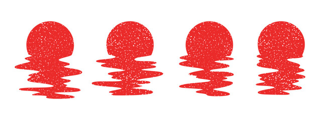 Set of red sun silhouettes on white background. Vector reflection in water. Retro sunset