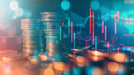 Poster - Stacked coins on a glowing stock market background. Financial growth concept. Investment and trading theme. Bokeh and chart elements. AI