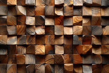 Poster - A visually striking image of wooden blocks in various brown shades arranged to create a geometric cube pattern