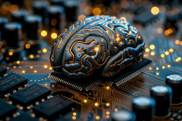 Poster - A concept image of a brain with glowing circuits on a motherboard depicting artificial intelligence