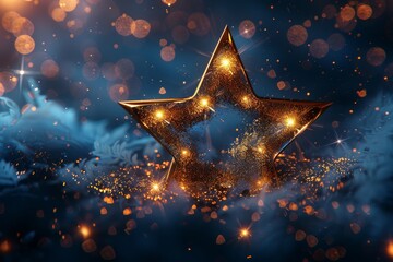Poster - A radiant golden star shines with luminous particles and flares on a twinkle-light background, emanating warmth and magic