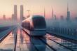 A futuristic train is traveling down a track in a city