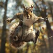 Brave squirrel superhero leaping, slow motion, midair, dynamic angle, forest setting , unique hyper realistic illustration