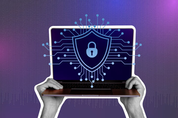 Aufkleber - trend 3d photo collage composite of black white silhouette hand hold huge laptop cyber data dark int