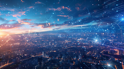 Poster - A cityscape with a bright orange sun in the background. The sky is filled with stars and the city is lit up with lights