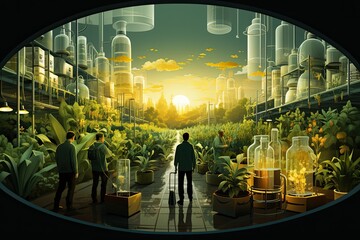 Aufkleber - Immerse in a laboratory setting featuring fermentation reactors and scenes of plant genetic engineering. Reflecting cutting-edge research in agricultural science, Generative AI.