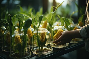 Aufkleber - Immerse in a laboratory setting featuring fermentation reactors and scenes of plant genetic engineering. Reflecting cutting-edge research in agricultural science, Generative AI.
