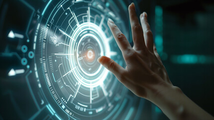 Poster - A hand is touching a blue circle with a light on it. Concept of technology and innovation, as the circle appears to be a digital interface or a futuristic design