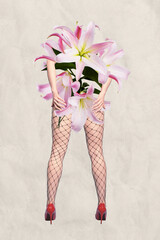 Sticker - Vertical creative collage picture sexy lady legs pantyhose standing lily flowers bouquet womens day march holiday celebration