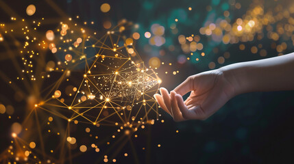 Poster - Abstract background of a hand reaching out to touch a bright light. Connecting points and lines technology for future cyber technology and network connectivity.