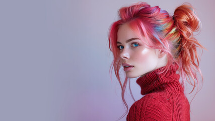 Sticker - Rainbow hair woman in red turtleneck sweater, fashion beauty and cosmetic