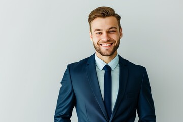 Portrait of handsome caucasian man in formal suit looking at camera smiling with toothy smile isolated in white background. Confident businessman ceo boss freelancer manager
