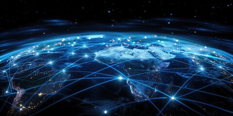 Wall Mural - 3D rendering of the Earth with glowing blue lines connecting cities on a black background representing the global network concept of connectivity