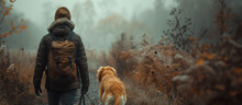 A Man Walks In The Woods With His Yellow Dog