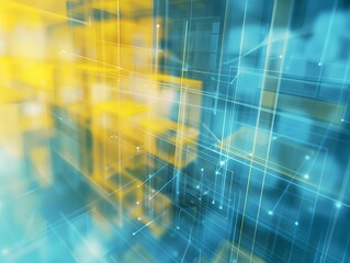 Poster - Futuristic blue and yellow geometric interface background, in glas blurred style, modern backdrop
