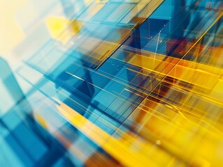 Poster - Futuristic blue and yellow geometric interface background, in glas blurred style, modern backdrop
