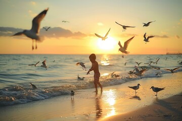 Wall Mural - A boy is playing with seagulls on the beach at sunset creating a beautiful scene of birds flying in the sky and floating in the water
