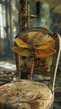 A Gold Colored Dragonfly Sits On A Chair