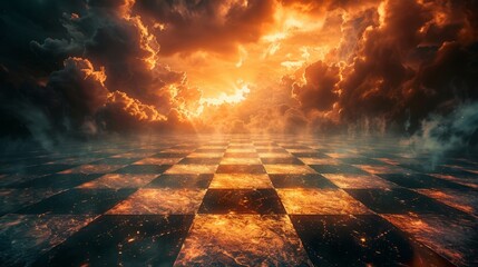 Canvas Print - Surrealistic the floor of an chess field , dark sky with clouds, strong orange light, cinematic lighting.