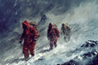 Three men in red coats are walking on a snowy mountain