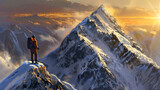 Fototapeta  - A man is standing on a mountain peak with a backpack