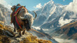 A large brown and white ox is walking up a mountain