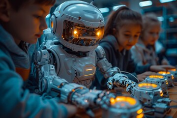 Poster - An intriguing image of a futuristic robot sitting at a table, suggesting advanced technology and AI among humans