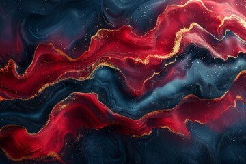 Poster - The image exhibits an elegant marbled pattern with intertwining red, blue, and gold colors suggesting mystique and depth