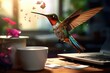 A hummingbird hovering near a laptop, occasionally sipping from a cup of coffee with sugar on an office desk, 3D illustration